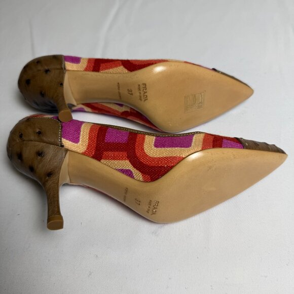 Prada | Size 37, US 7 | Pink, Red, and Purple Linen Heels with Brown Ostrich - Picture 4 of 7
